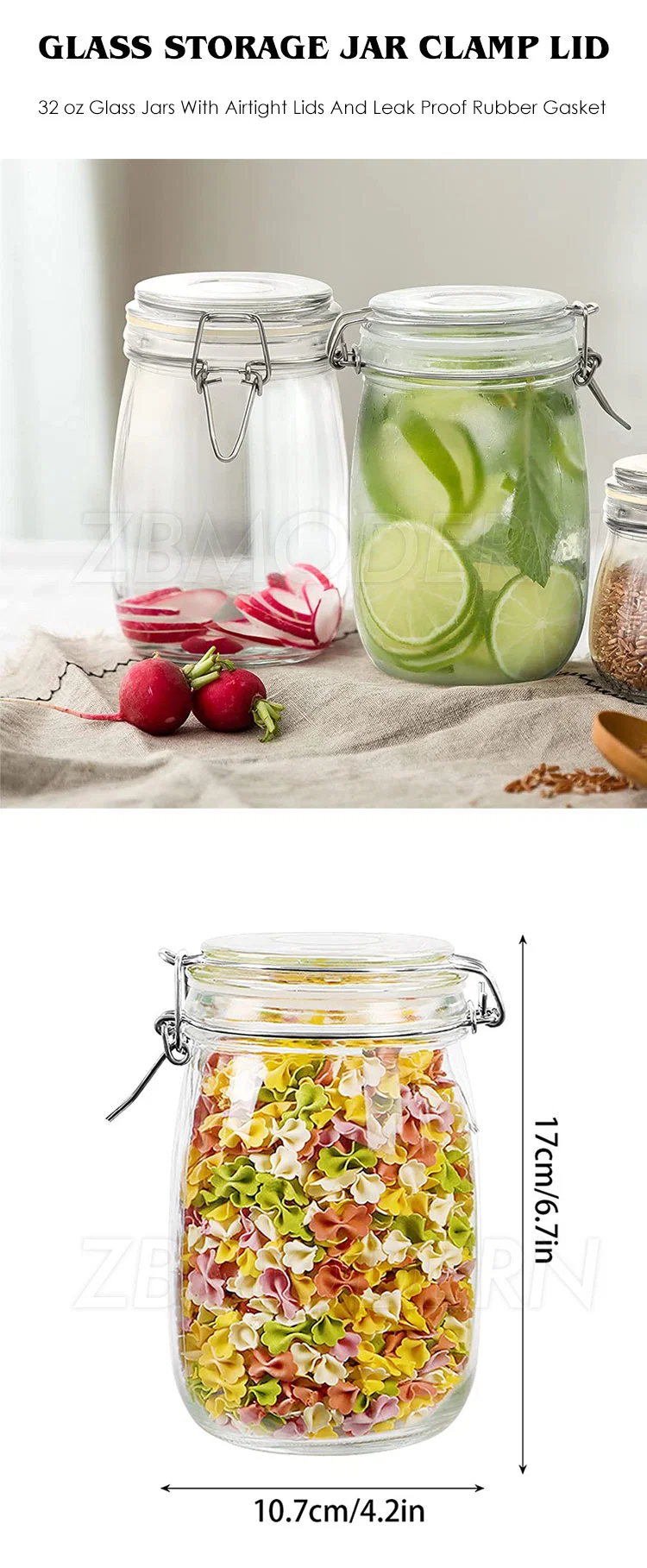 32oz Glass Jars with Airtight Lids, 4 Pack Glass Storage Jars with Clamp Lids, Kitchen Canister for Food and Pantry