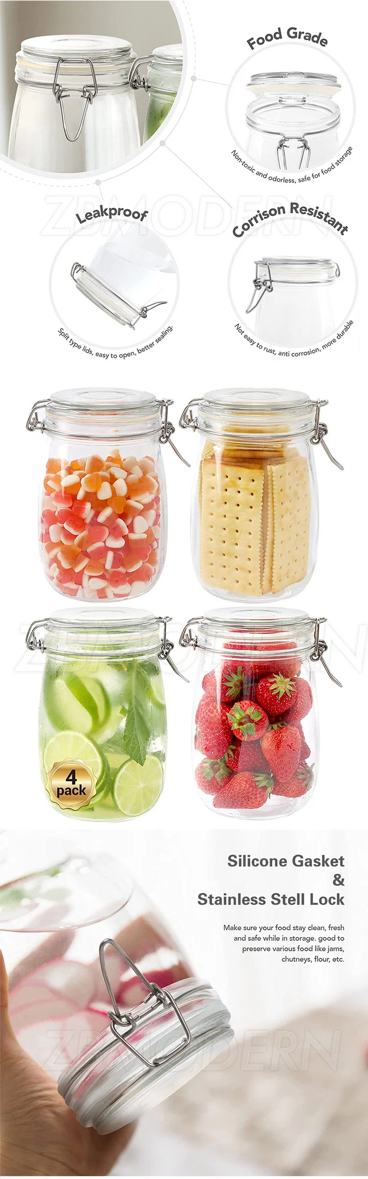 32oz Glass Jars with Airtight Lids, 4 Pack Glass Storage Jars with Clamp Lids, Kitchen Canister for Food and Pantry