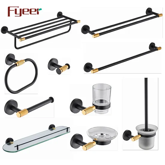 Fyeer Towel Bar Tissue Holder Robe Hook Black and Gold Bathroom Accessory Set 