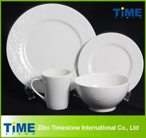 16PCS 20PCS White Embossed Hotel Restaurant Used Porcelain Ceramic Dinnerware Set (622013) 